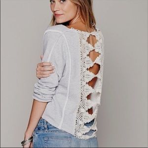 Free People Gray Long Sleeve Top with Cream Crochet Back
